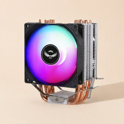 Copperchill – Front view of the cooler with a rainbow RGB fan, black frame, copper heat pipes and mounting clips