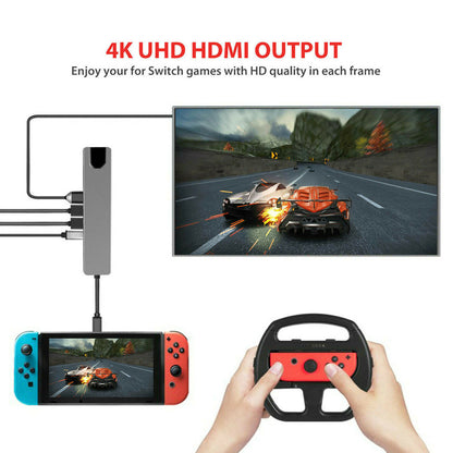 Dockport – Docking station connecting a Nintendo Switch to a TV showing a racing game, 4K UHD HDMI output headline