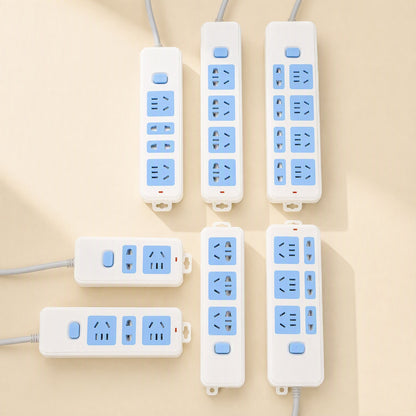 Cordcraft Office Computer Power Strip with Cord in white and blue, six strips laid out on a cream background