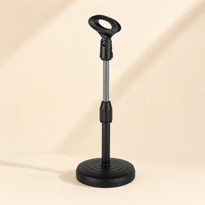 Voicelift – Black telescopic desktop stand with oval clip and extendable silver rod on a round weighted base