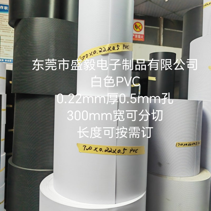 Ventweave PVC mesh heat dissipation net in white, large rolls stacked in a warehouse with yellow labels