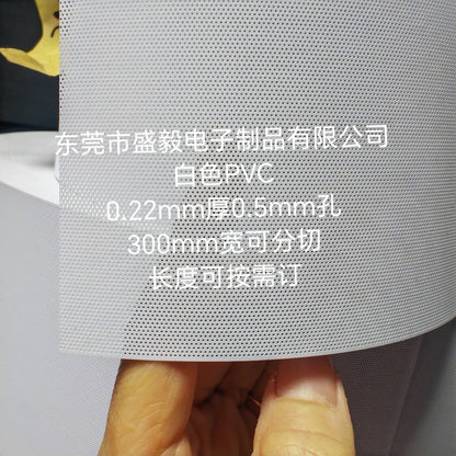 Ventweave – Close-up of white round-hole PVC mesh sheet held between fingers, showing the fine perforation pattern
