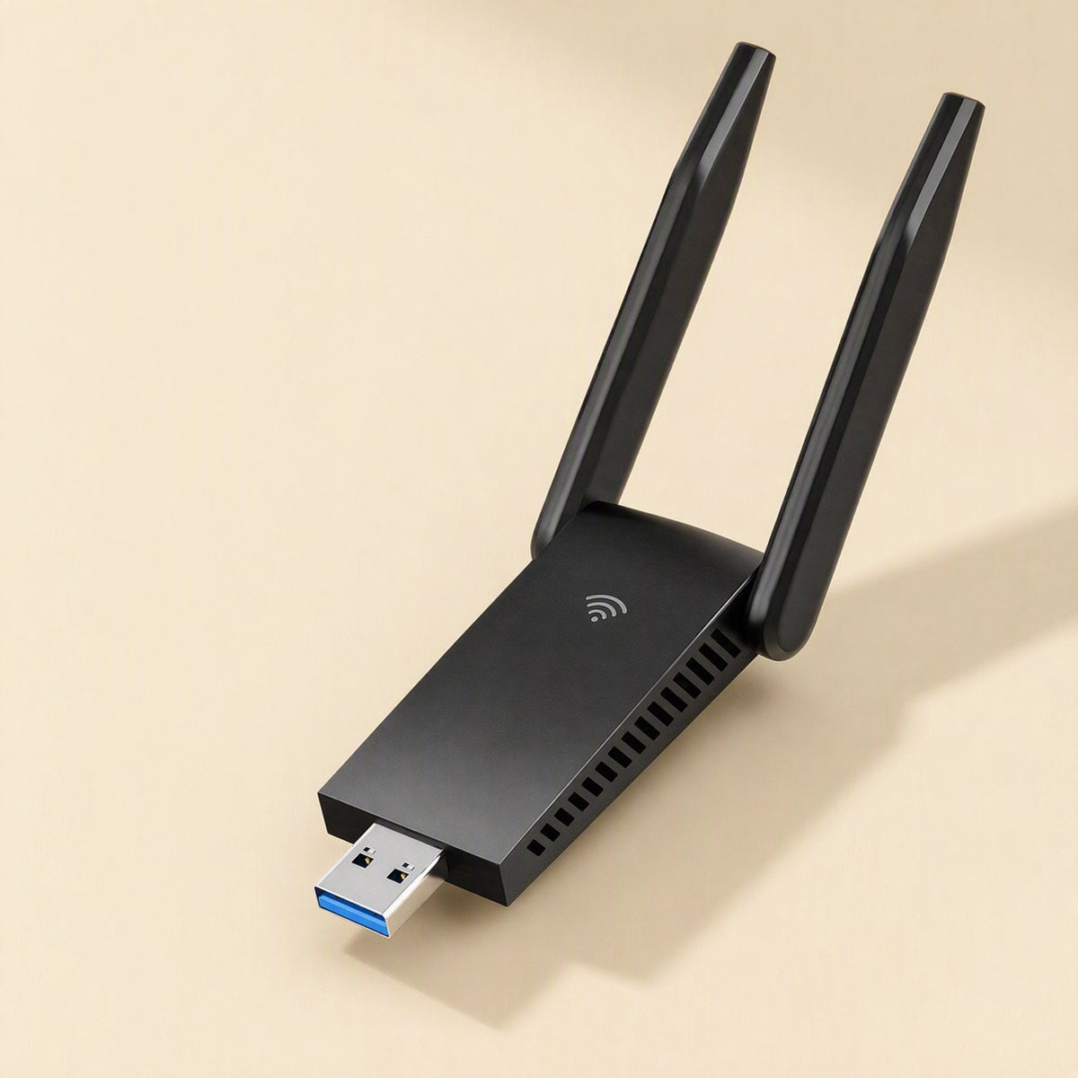 Twinsignal USB 3.0 dual-band wireless network card with two angled antennas, seen from above on beige
