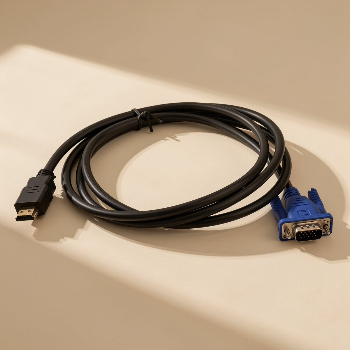 Portbridge – Black cable coiled in a loop with HDMI plug at left and blue VGA connector at right on a beige surface