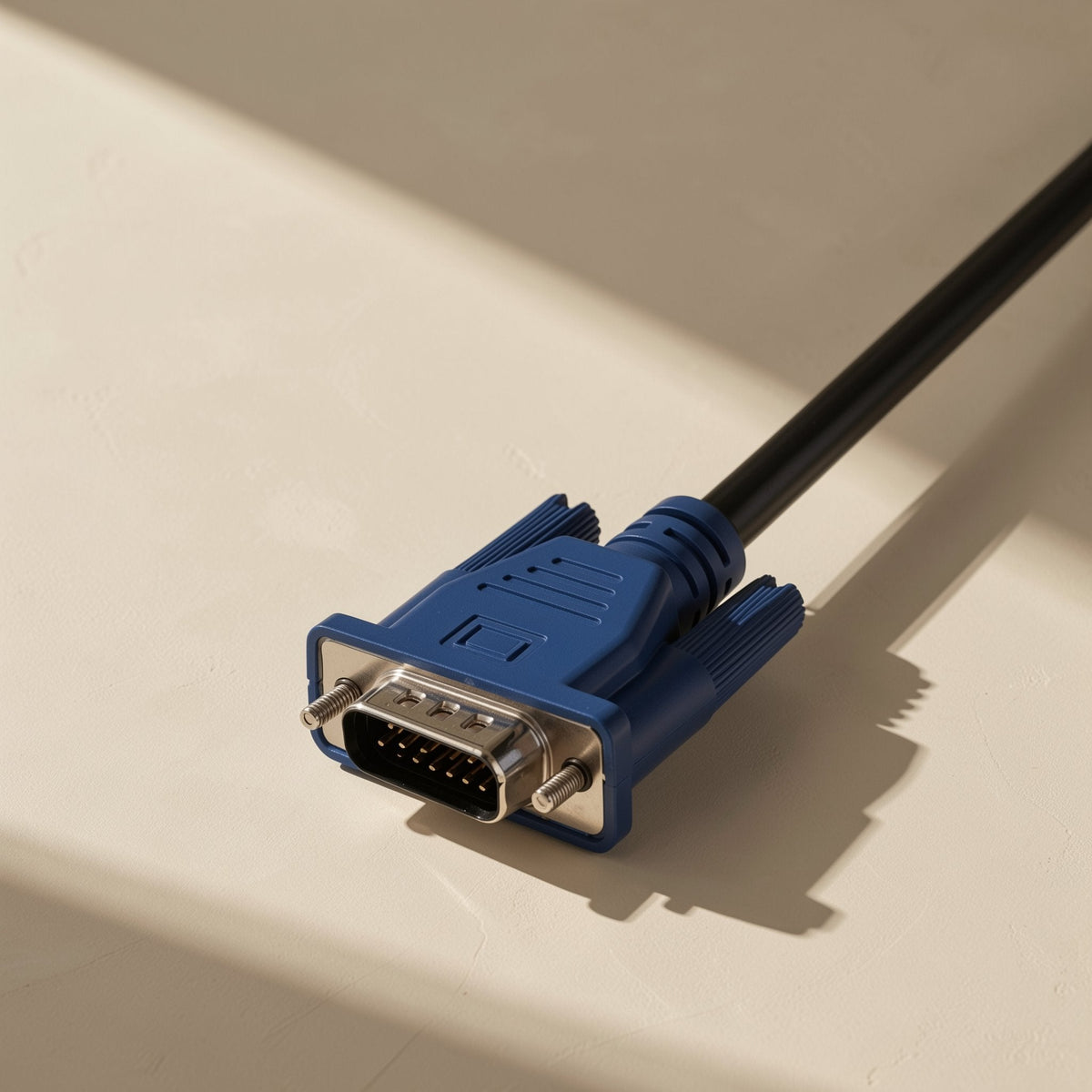 Portbridge – Close-up of the blue VGA connector with thumbscrews and metal shield, cable trailing to the upper right