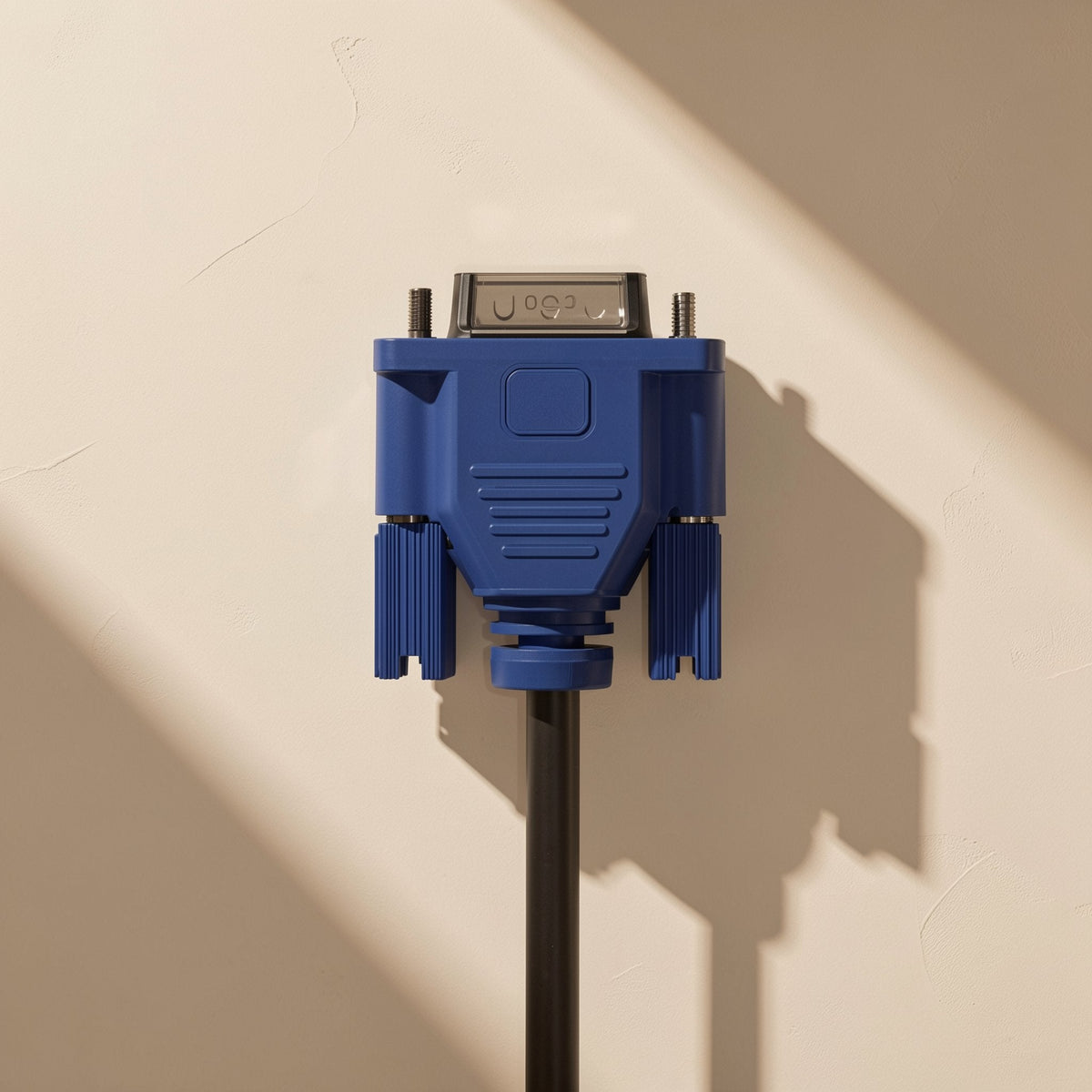 Portbridge – Top-down view of the blue VGA connector with textured grip and thumbscrews on a plaster-textured wall