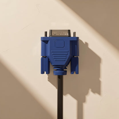Portbridge – Top-down view of the blue VGA connector with textured grip and thumbscrews on a plaster-textured wall