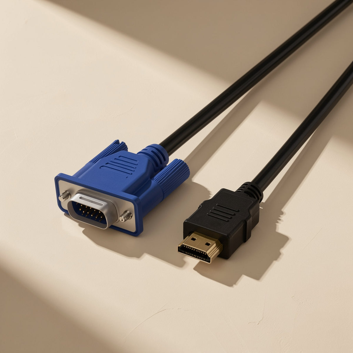 Portbridge – Blue VGA connector and gold-plated HDMI plug lying side by side with black cables running off the top