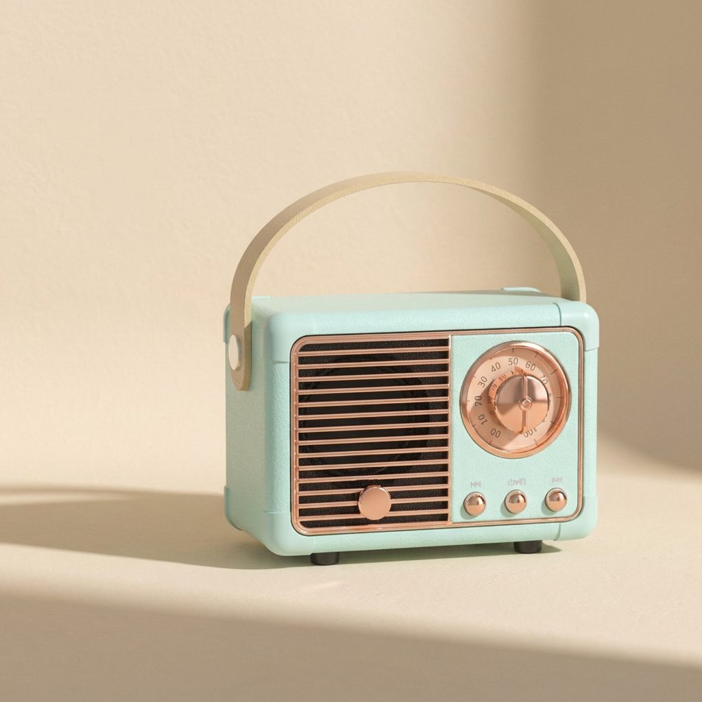 Oldchime – Mint green retro speaker with rose gold dial and grille, three-quarter angle against a cream wall