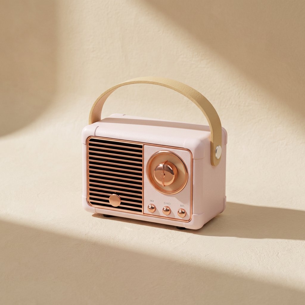 Oldchime – Pink vintage-style speaker with a cream handle, angled view showing the copper knob and three buttons