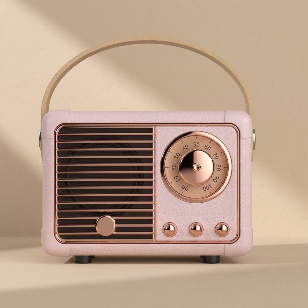 Oldchime – Close front view of a pink speaker with rose gold dial, three round buttons, and a wooden-look handle