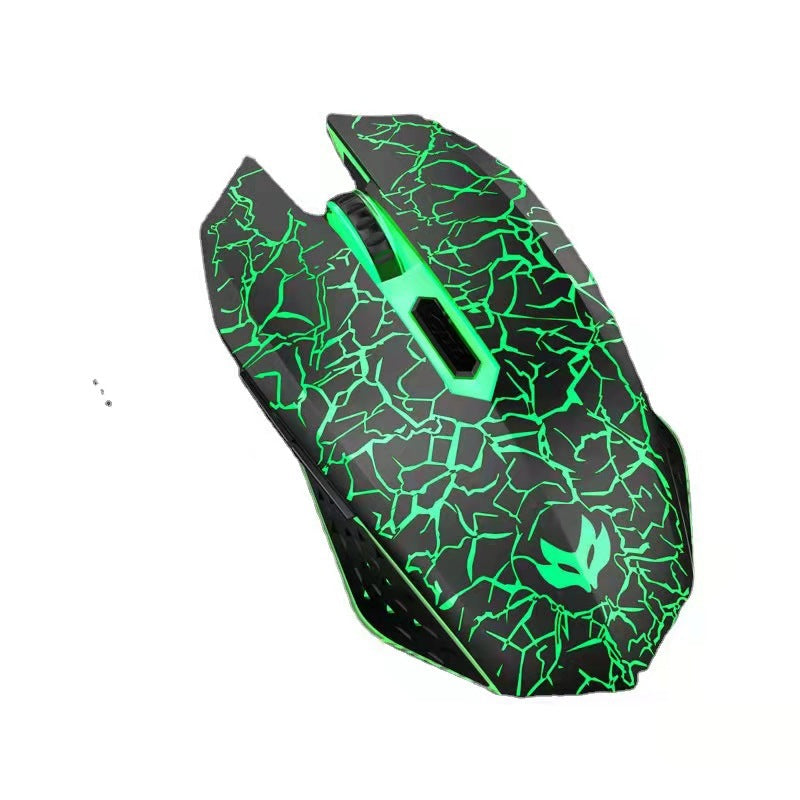 Silentrail – Green crackle-pattern mouse on a white background, shown from a slightly raised angle