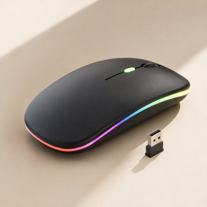 Freemove 2.4GHz Wireless Mouse – black wireless mouse with glowing rainbow side strip beside its small USB receiver dongle
