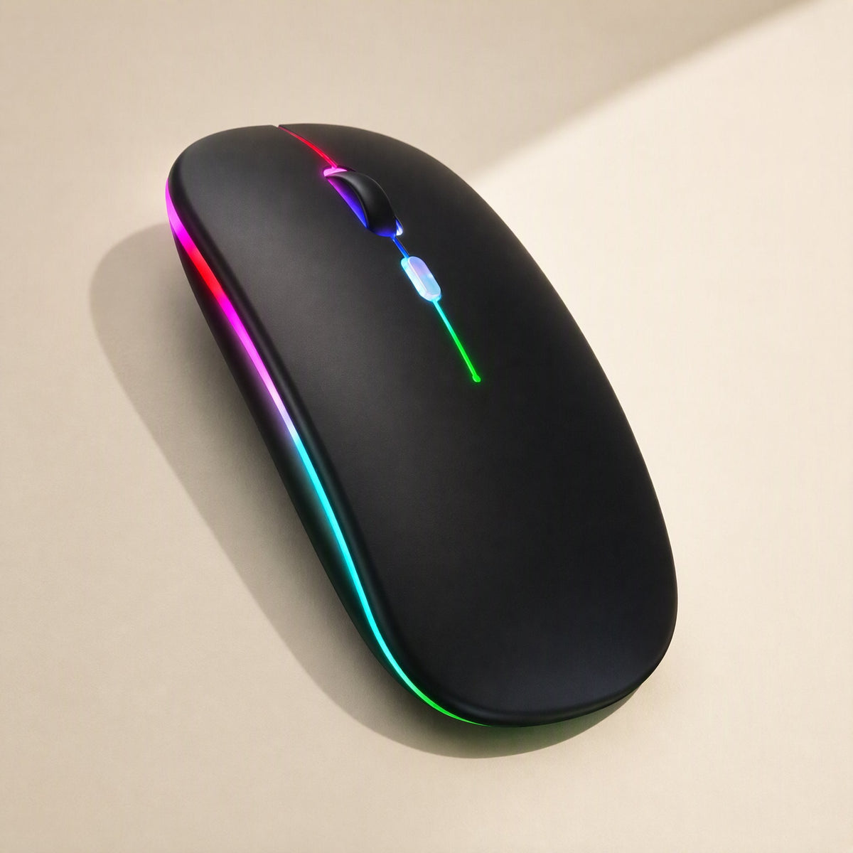 Freemove – Top-down view of the black mouse with green, blue and red LED lines along the scroll wheel and edges