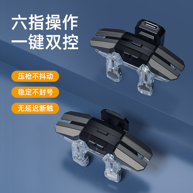 Burstwing – Pair of black and clear mobile game triggers with a USB-C port, shown on blue with Chinese feature text