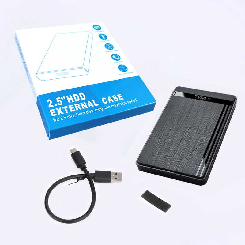 Datahold 2.5-Inch USB-C SSD Enclosure – enclosure with retail box, short USB-C cable and a small foam pad laid out together