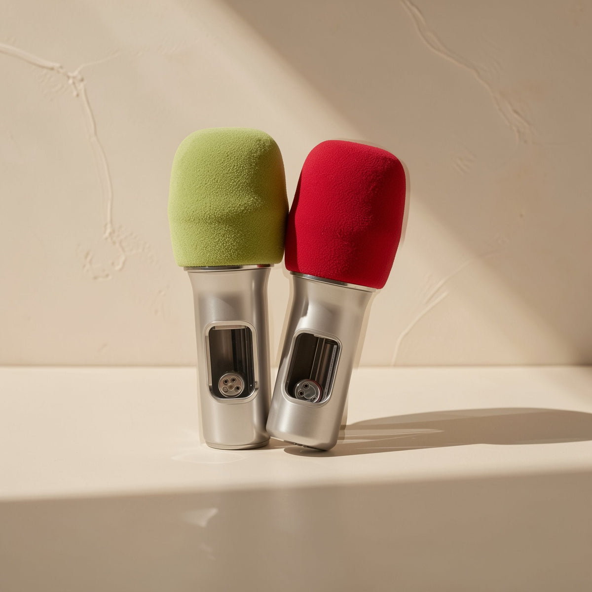 Curvehush U-Shaped Sponge Microphone Cover in green and red on two silver handheld mics
