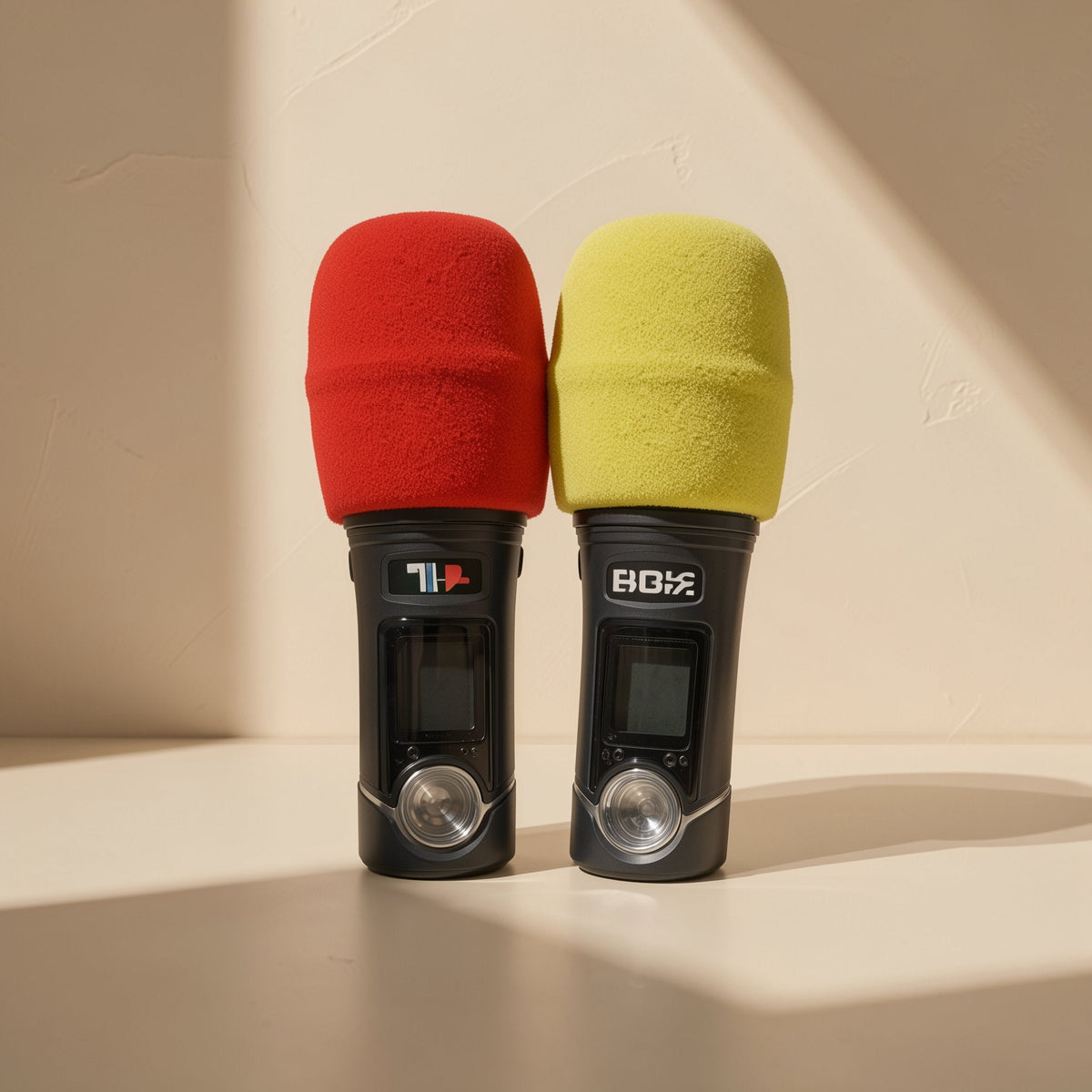 Curvehush – Red and yellow sponge covers on two black handheld microphones with small displays
