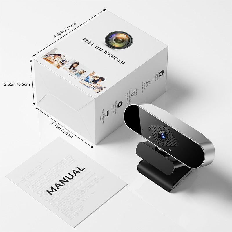 Viewen – Webcam beside its white Full HD Webcam retail box and a printed manual, with box dimensions marked