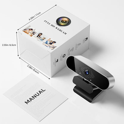 Viewen – Webcam beside its white Full HD Webcam retail box and a printed manual, with box dimensions marked