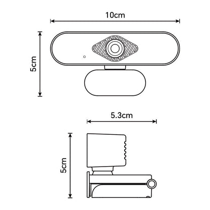 Viewen – Line drawing of the webcam, front and side views, with measurements of 10cm wide, 5cm tall and 5.3cm deep
