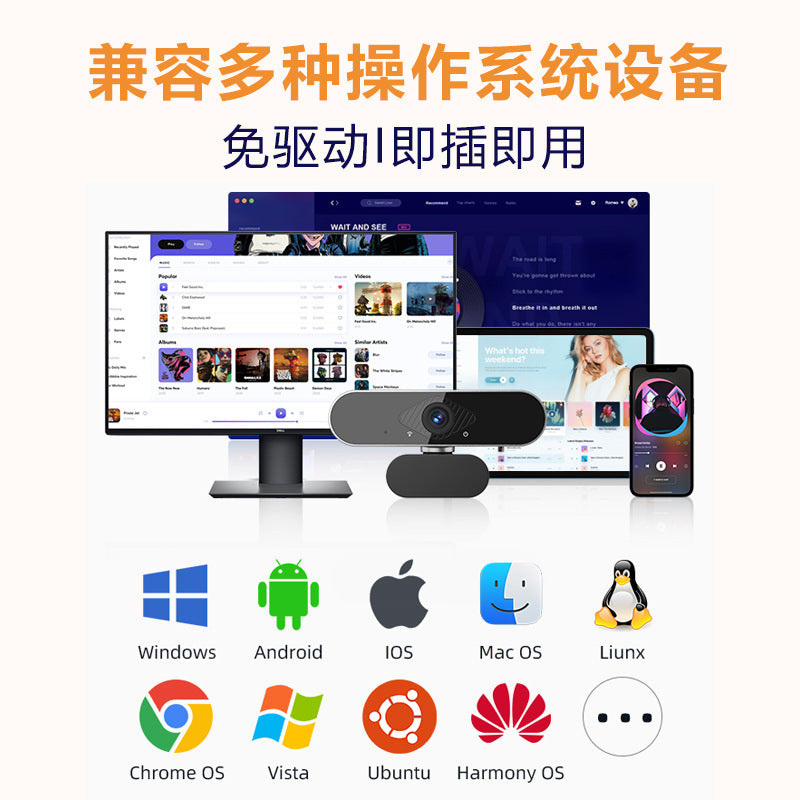 Viewen – Webcam on top of a monitor, with tablet and phone screens and operating system logos including Windows and Android