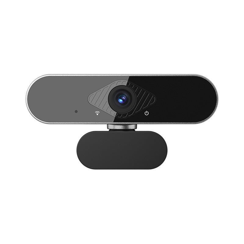 Viewen – Front view of the black and silver webcam with round lens, microphone dot, and clip stand on a white background