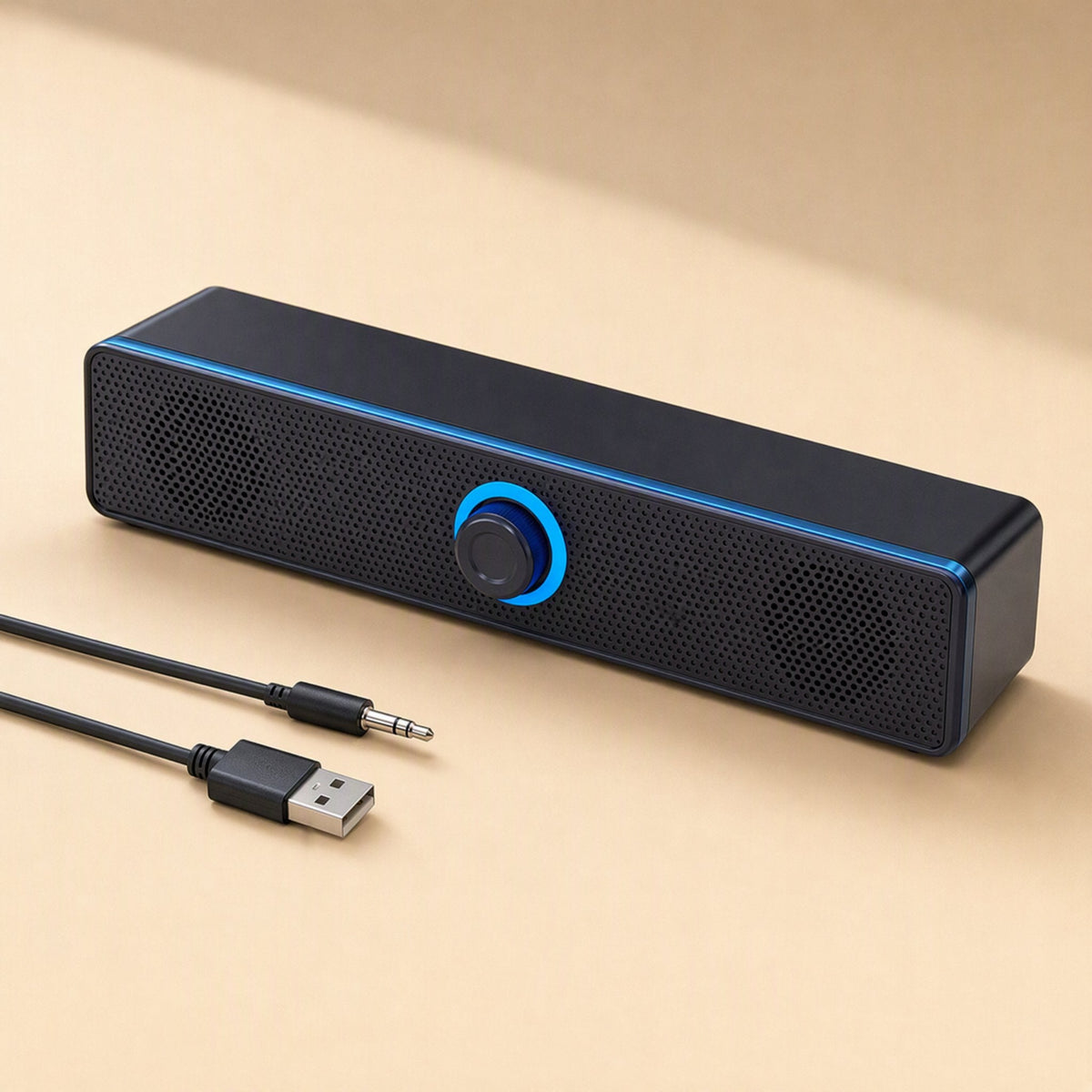 Clearbeat 6W Desktop Computer Speakers – black soundbar with blue accent trim, 3.5mm audio plug and USB connector beside it