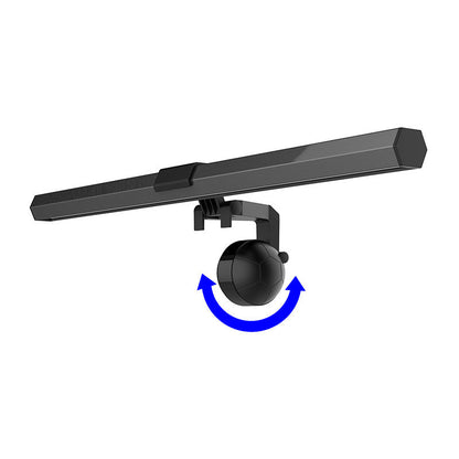 Screenlume – Black screen-mounted light bar with a round counterweight and a blue arrow showing the rotation direction