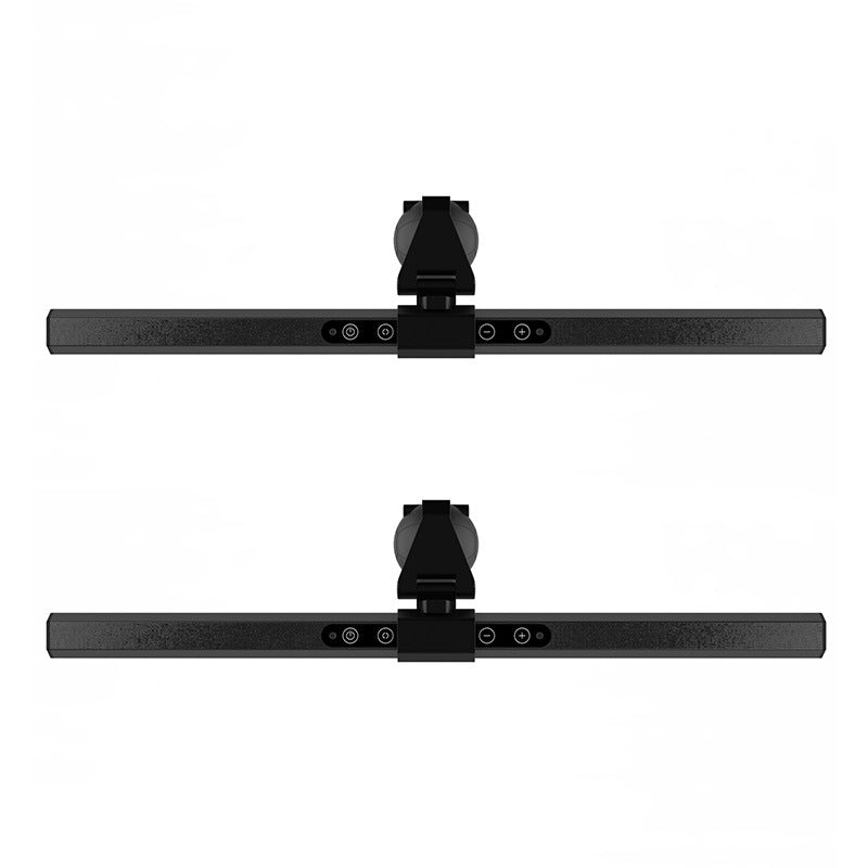Screenlume – Two top-down views of the black light bar showing touch control buttons and the clip mount at the center