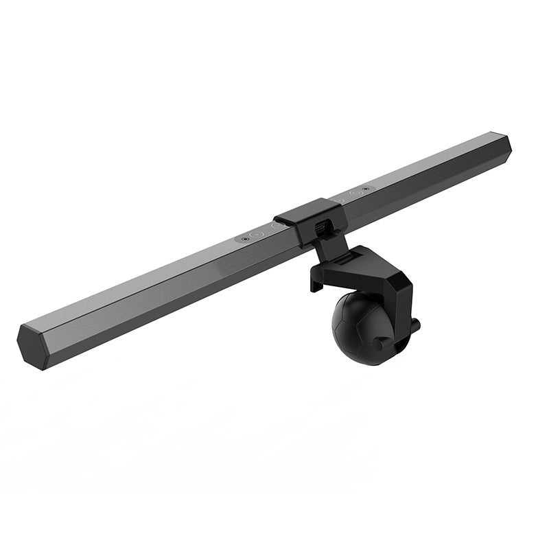 Screenlume – Angled view of the long black hexagonal light bar with its clip and spherical counterweight, on white