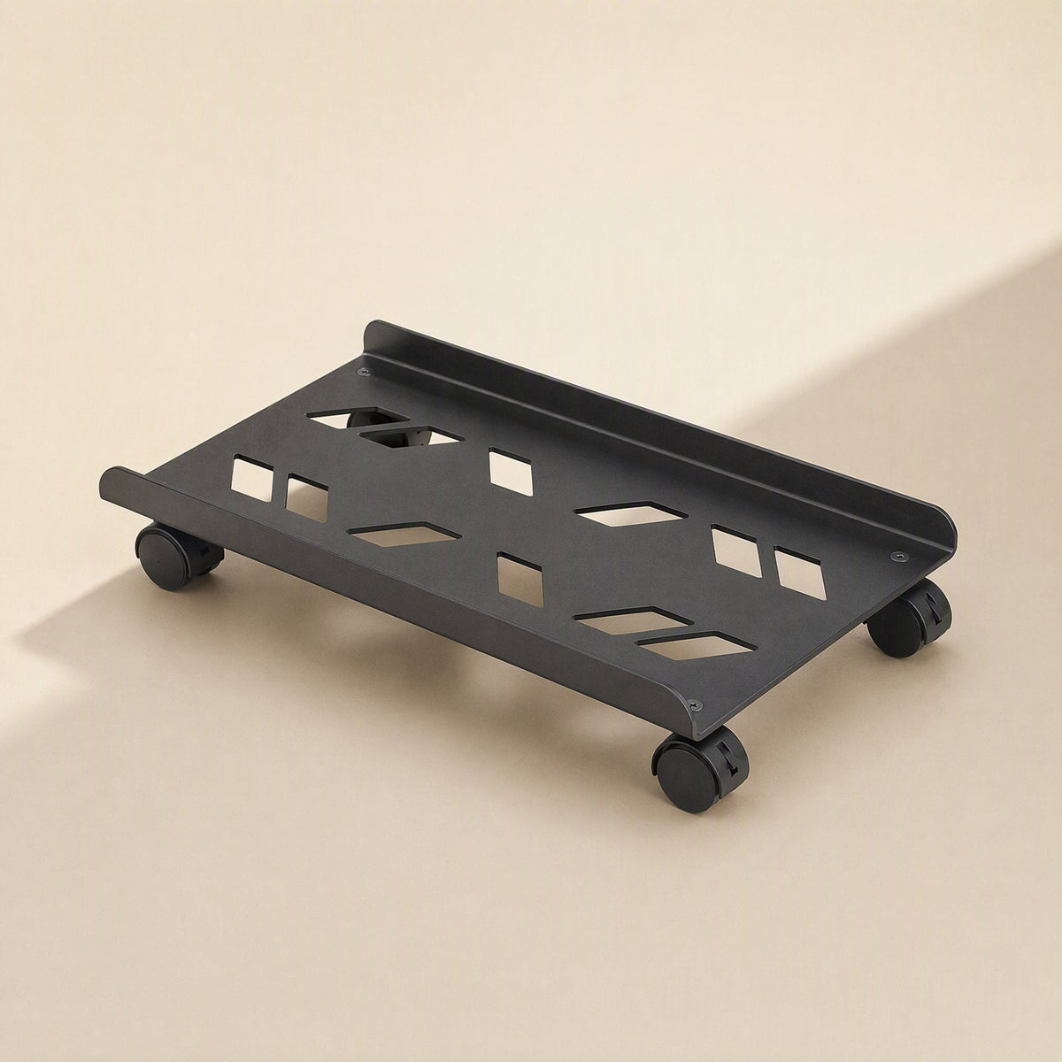 Rollperch Metal Computer Tower Stand in black with diamond cutouts and four wheels, seen from a front angle