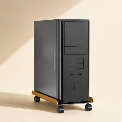 Rollperch – Black PC tower resting on a wheeled stand with wooden-toned side rails against a beige backdrop