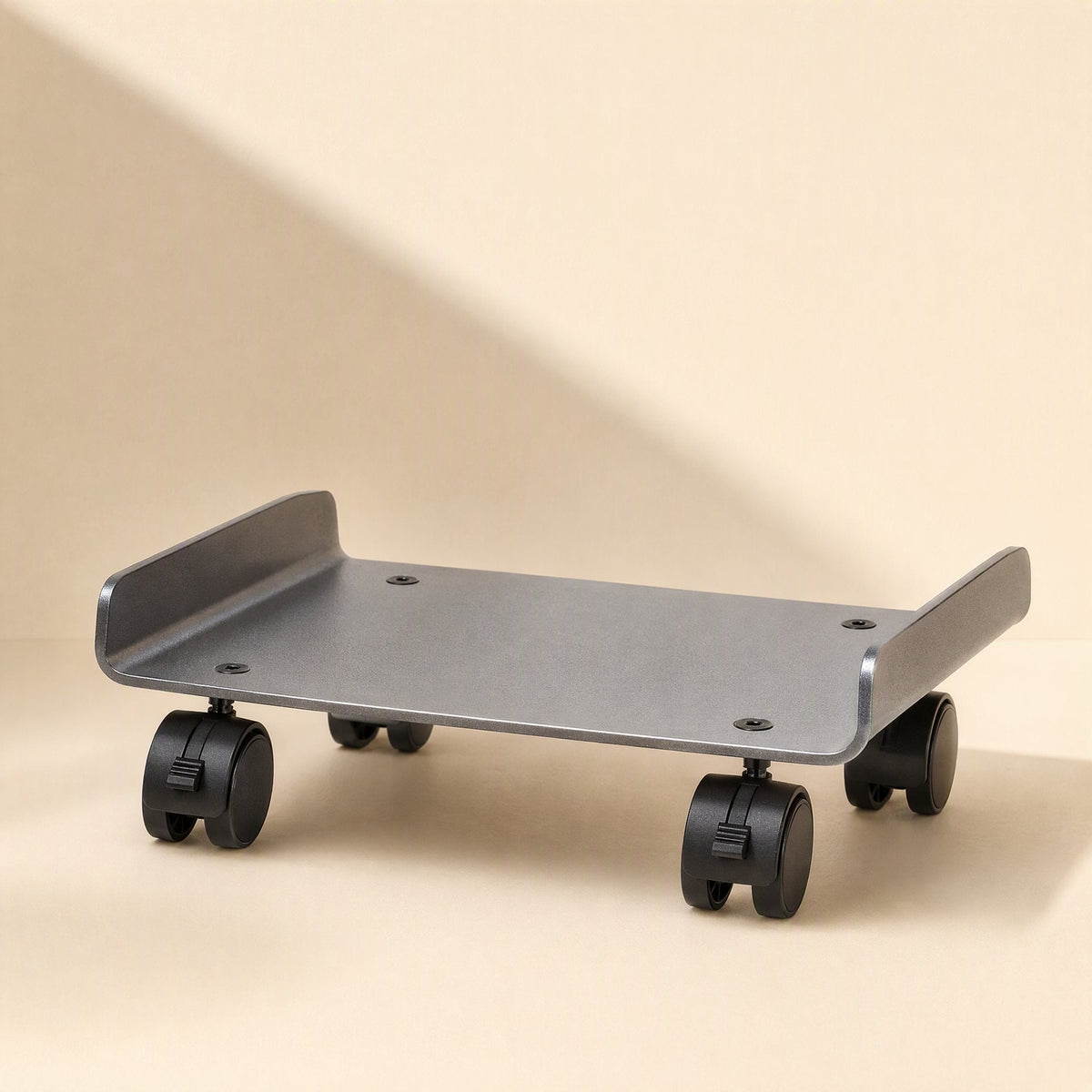 Rollperch – Gray metal tower stand with raised side rails, four screw holes and locking caster wheels, front view