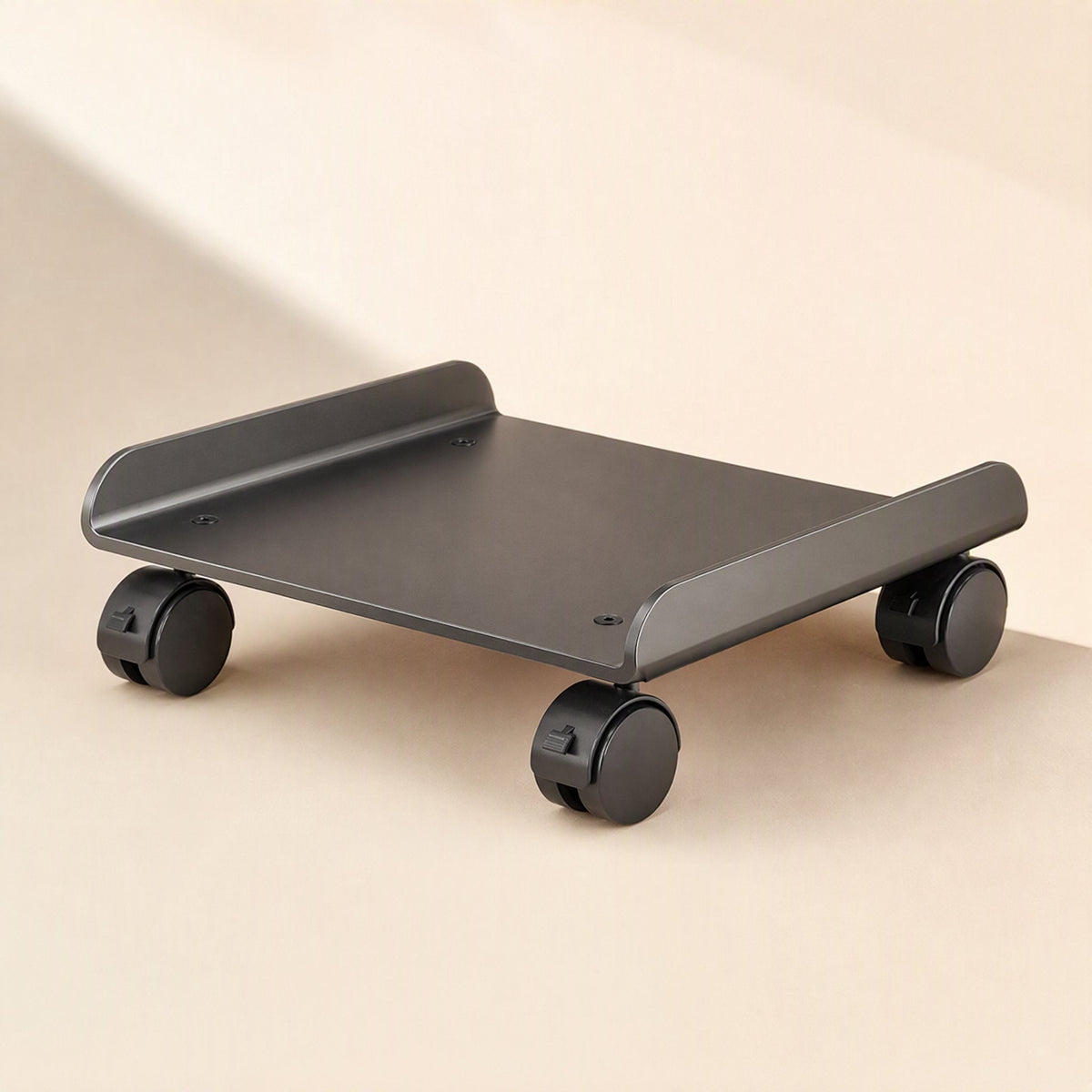 Rollperch – Dark gray wheeled stand with curved side rails and four swivel casters on a cream background