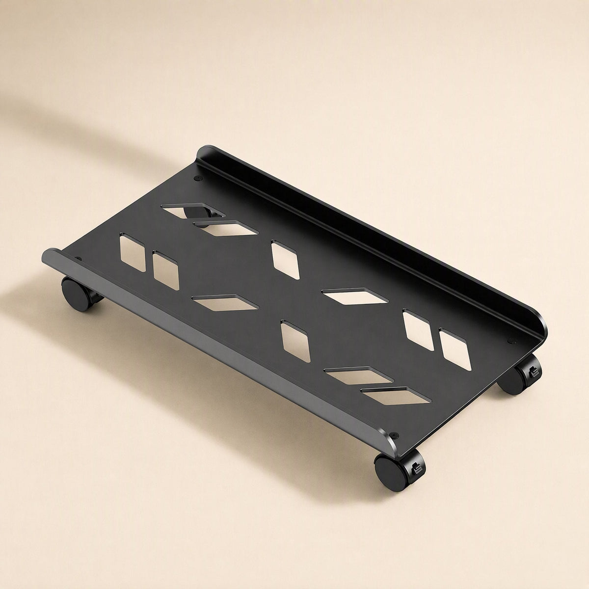 Rollperch – Black perforated stand with diamond cutouts and small wheels, shown from above at a long angle