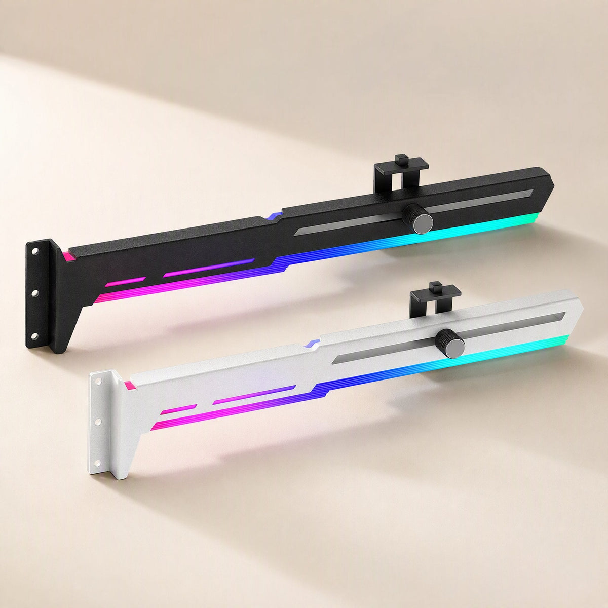 Glowperch ARGB graphics card stand in black and white, with rainbow gradient light strips, angled view