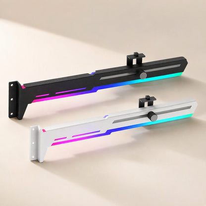 Glowperch ARGB graphics card stand in black and white, with rainbow gradient light strips, angled view