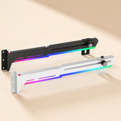Glowperch – Black and white graphics card brackets side by side, showing mounting plate and sliding thumb screw