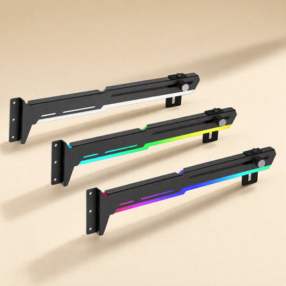Glowperch – Three black brackets stacked, lit in white, cyan-to-yellow and pink-to-blue ARGB colour modes