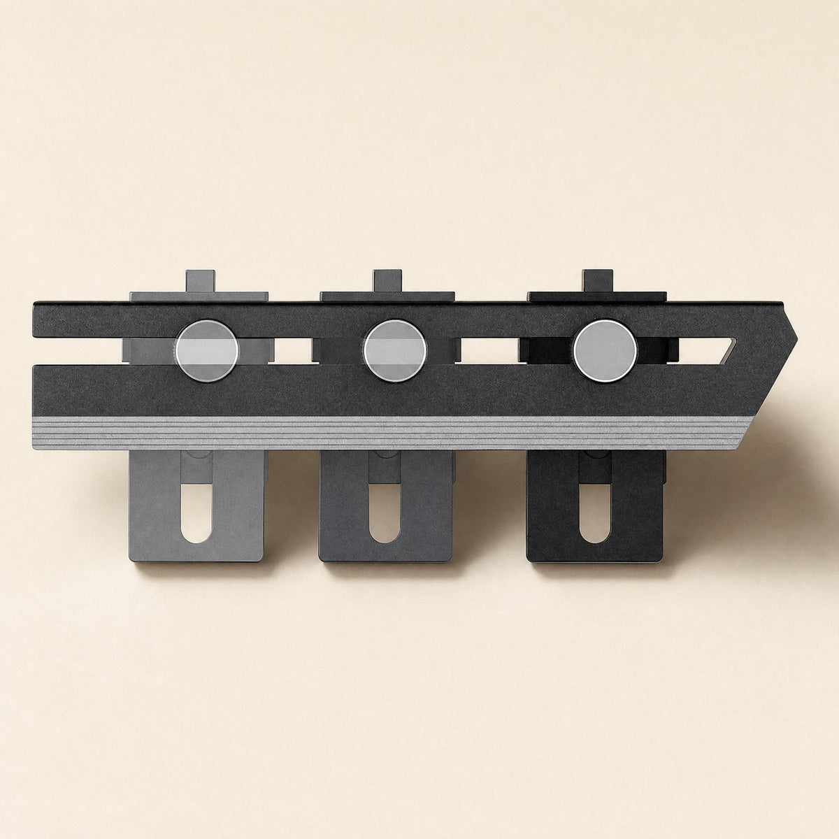 Glowperch – Front end view of three graphics card brackets with round thumb screws and slotted support feet
