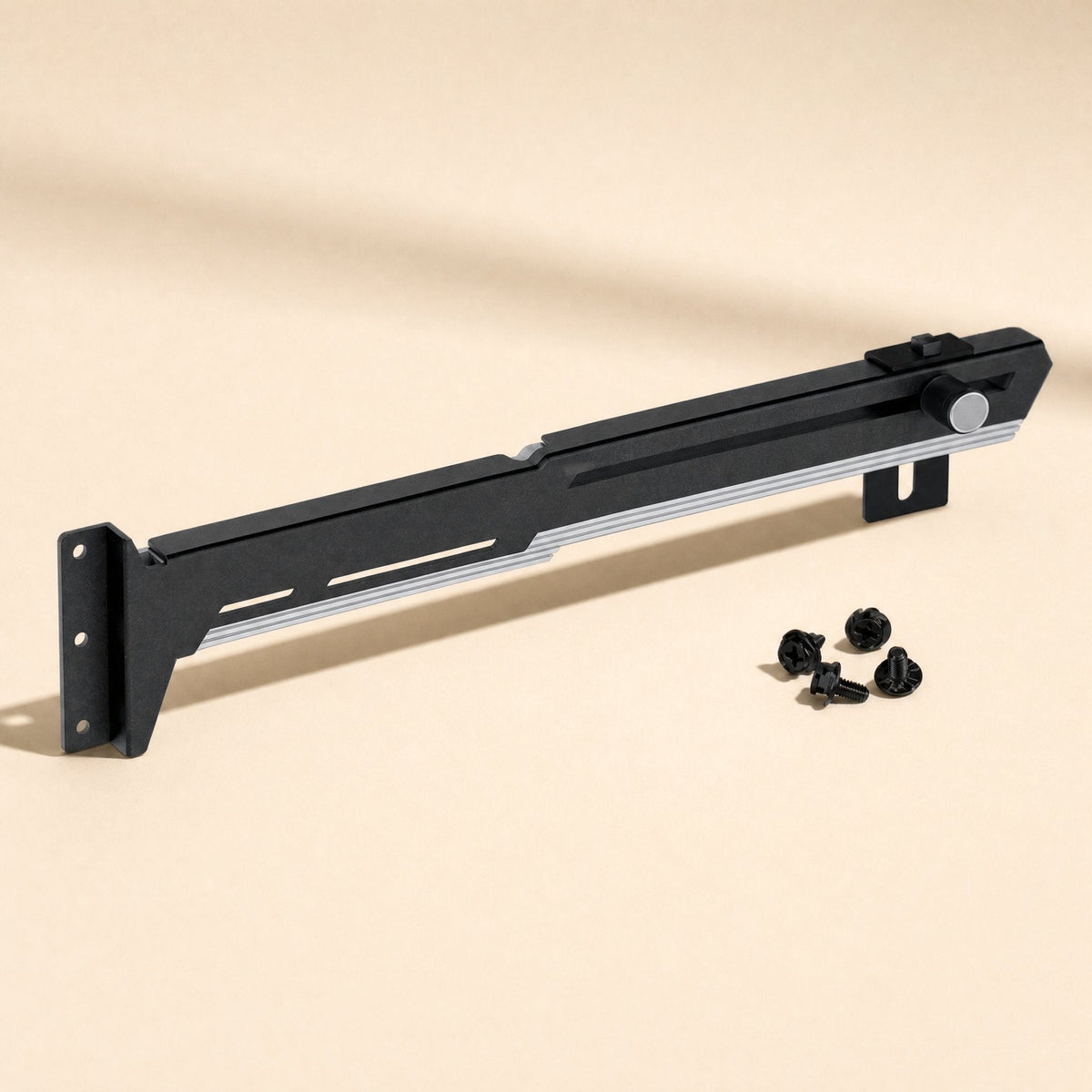 Glowperch – Black graphics card bracket with four black mounting screws beside it, on a beige background