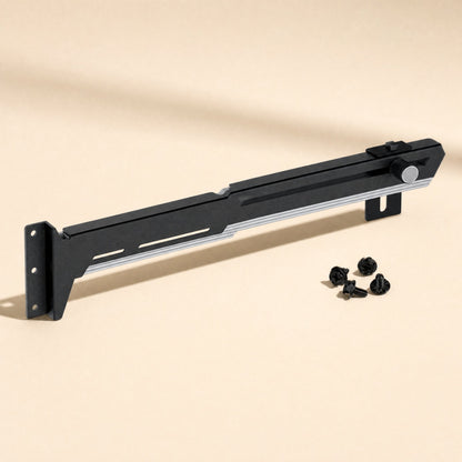 Glowperch – Black graphics card bracket with four black mounting screws beside it, on a beige background