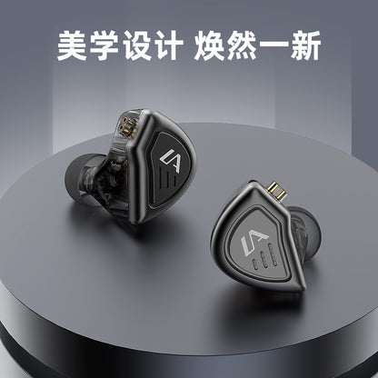 Clarivox – Pair of black in-ear earphones with logo faceplates resting on a round dark display platform