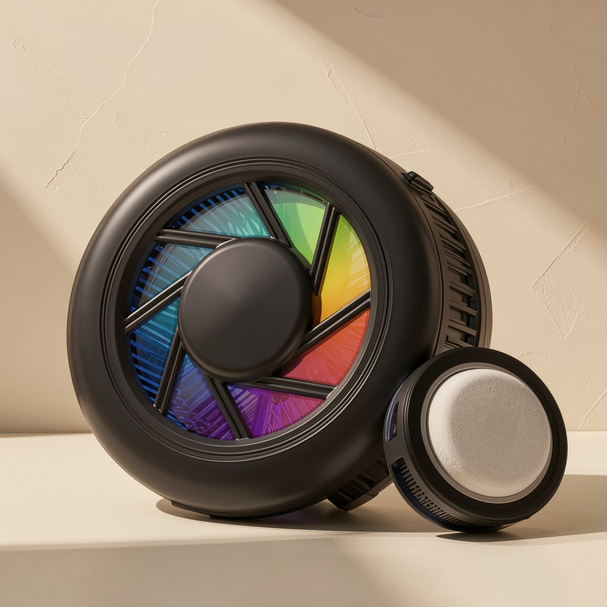 Chillport Magnetic Phone Cooler in black with rainbow fan blades beside a small round magnetic disc