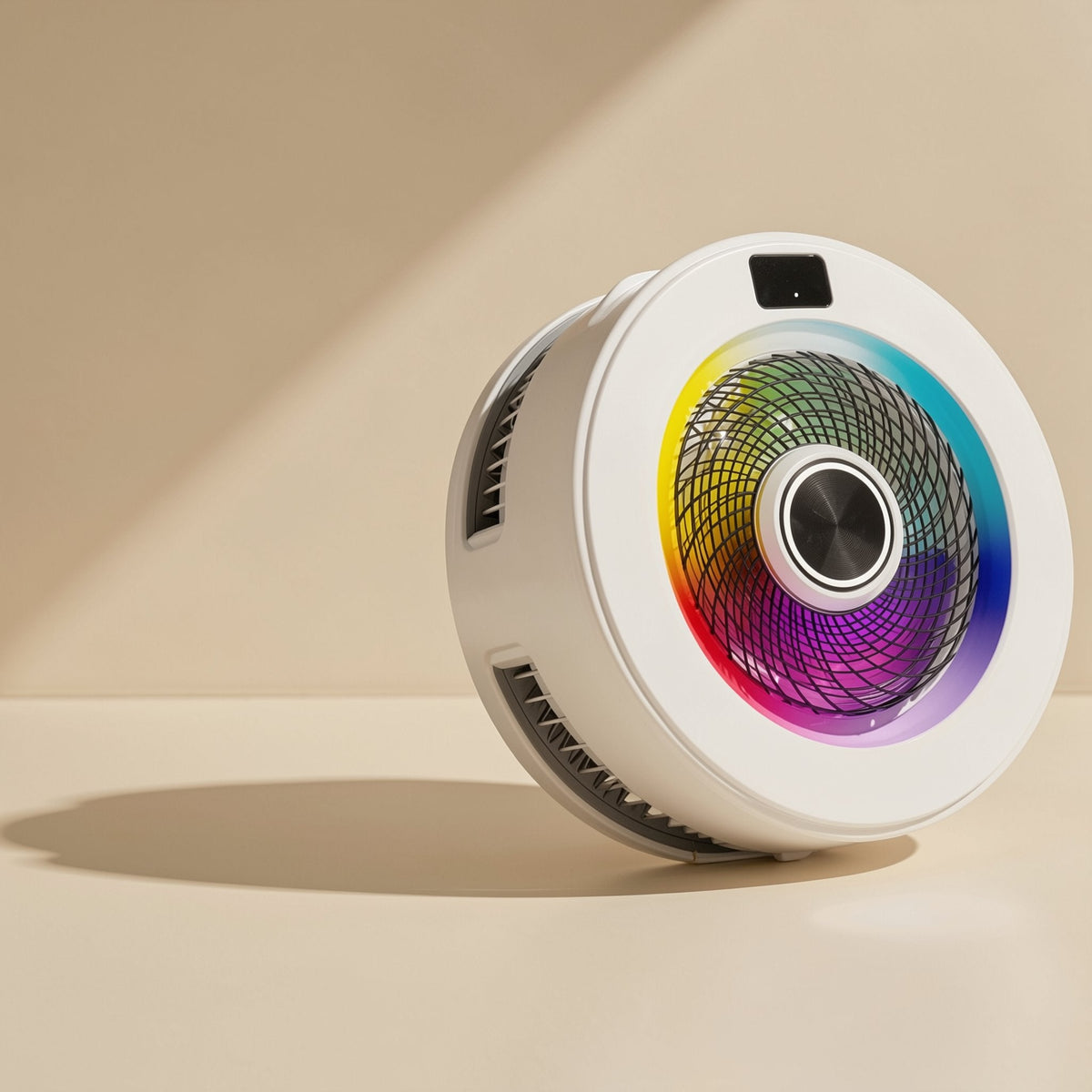 Chillport – White round phone cooler with rainbow LED ring, mesh fan grille and Type-C port on side