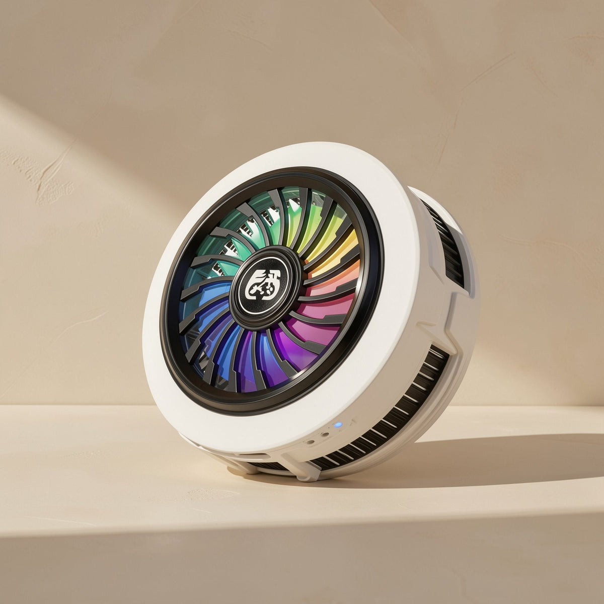 Chillport – White phone cooler tilted to show colourful fan blades, side vents and a small blue indicator light