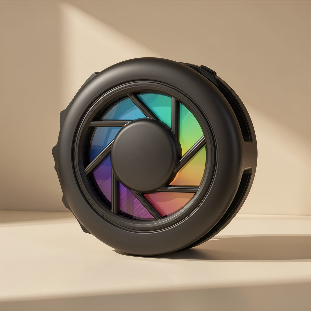 Chillport – Black phone cooler front view with rainbow fan blades and a solid centre hub on a beige surface