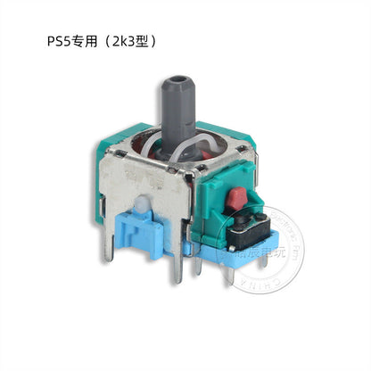 Ohmfix – Green PS5 2k3 potentiometer with gray thumbstick shaft, blue base and red tactile switch, side view