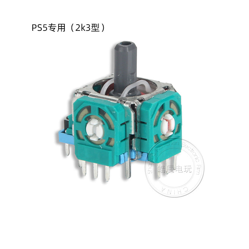 Ohmfix – Green potentiometer with two sensor housings and pins at the bottom, front angle with gray stick on top